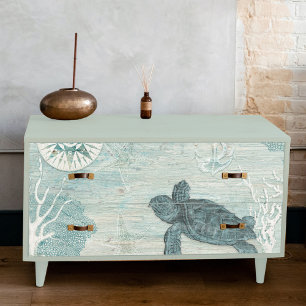 Sea Turtle Beach Blue White Coral Wood Decoupage Tissue Paper