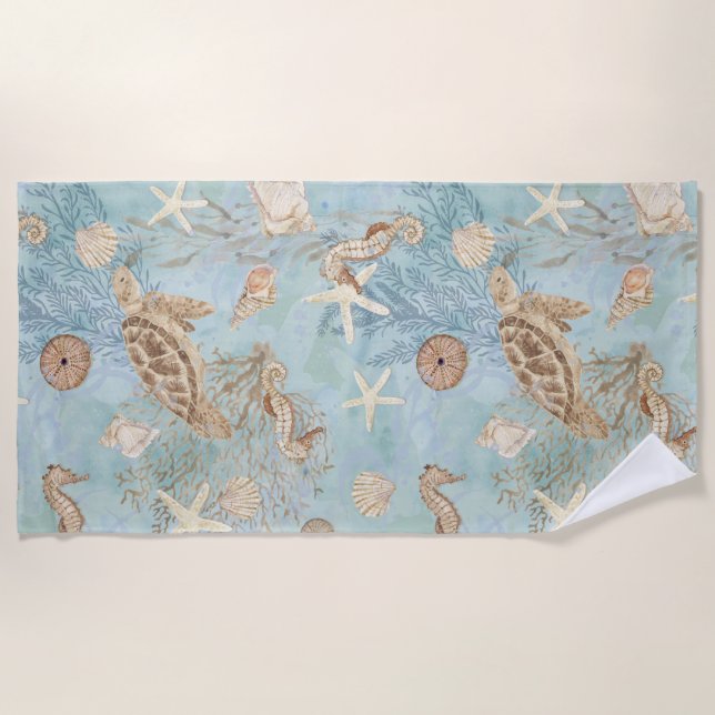 Sea Turtle Beach Ocean Seahorse Shells Starfish Beach Towel (Front)
