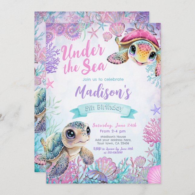 Sea Turtle Birthday Invitation (Front/Back)
