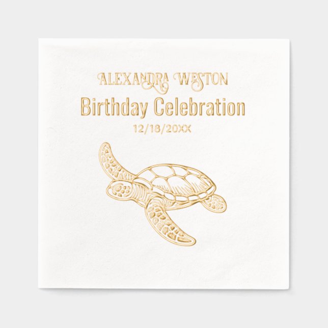Sea Turtle Birthday Party Celebration #7 Name Date Foil Napkins (Front)