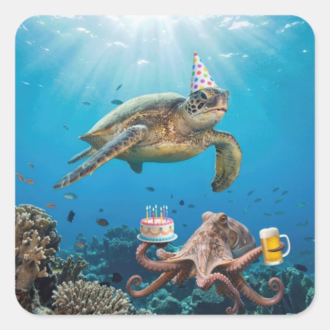 Sea Turtle Birthday Party with Octopus Square Sticker (Front)