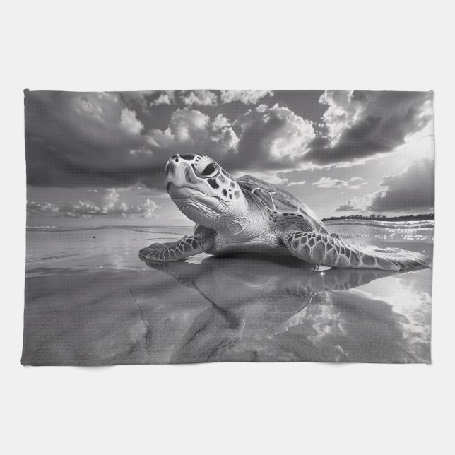 Sea Turtle Black and White Art Tea Towel (Horizontal)
