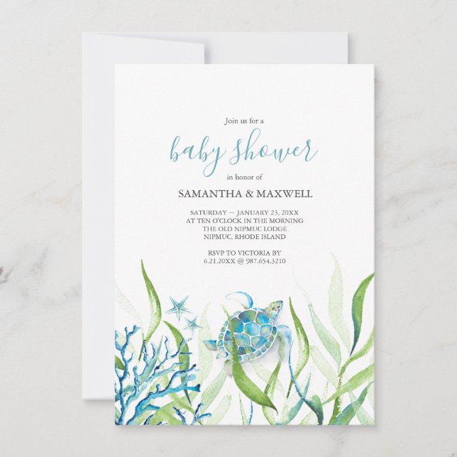 Sea Turtle Blue and Green Baby Shower Invitation (Front)