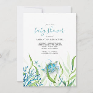 Sea Turtle Blue and Green Baby Shower Invitation