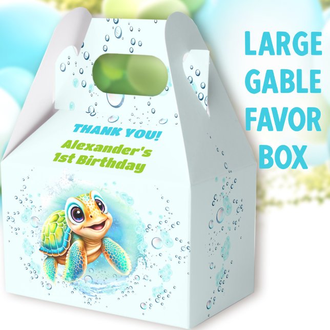 Sea Turtle Boy Pool Party Birthday Large Gable Favour Box (Cute Turtle Large Gable Favor Boxes - You can choose from 3 sizes of these gable favor boxes)