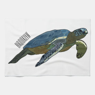 Sea turtle cartoon illustration tea towel