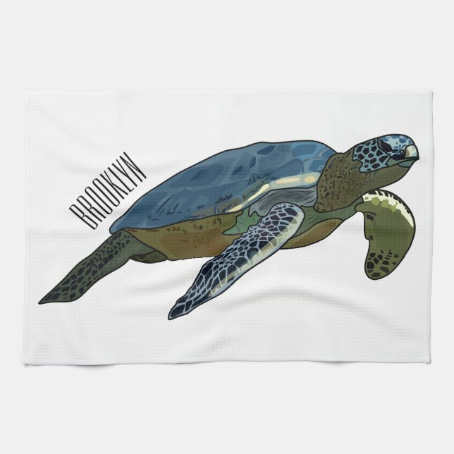 Sea turtle cartoon illustration tea towel (Horizontal)