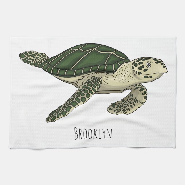 Sea turtle cartoon illustration tea towel (Horizontal)