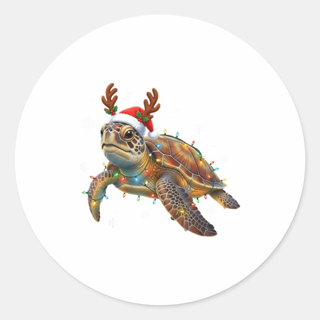 Sea Turtle Christmas Lights Funny Santa Hat Men Wo Classic Round Sticker (Front)
