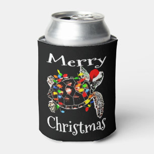 Sea Turtle Christmas Lights Funny Santa Hat Merry Can Cooler