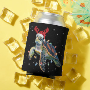 Sea Turtle Christmas Lights Funny Santa Hat Merry  Can Cooler