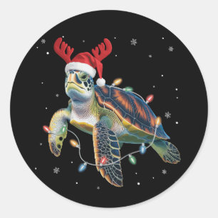 Sea Turtle Christmas Lights Funny Santa Hat Merry  Classic Round Sticker