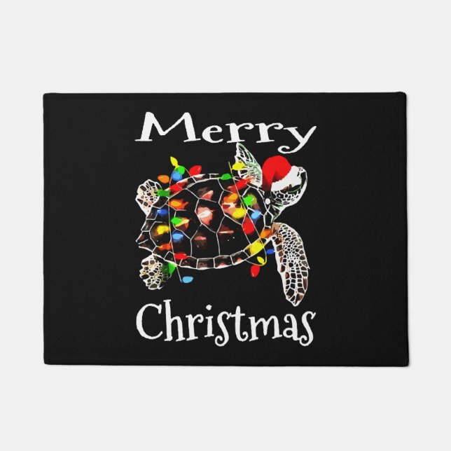 Sea Turtle Christmas Lights Funny Santa Hat Merry Doormat (Front)