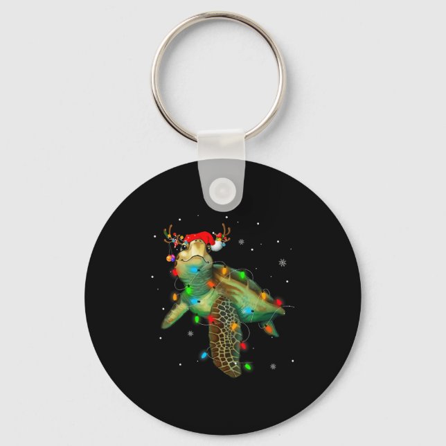 Sea Turtle Christmas Lights Funny Santa Hat Merry  Key Ring (Front)