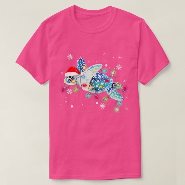 Sea Turtle Christmas Lights Funny Santa Hat Merry  T-Shirt (Design Front)