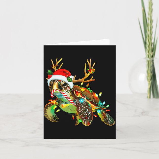 Sea Turtle Christmas Lights Santa Hat Merry Christ Card (Front)