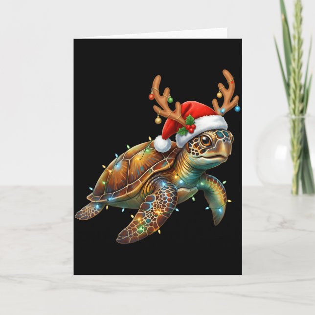 Sea Turtle Christmas Lights Santa Hat Merry Christ Card (Front)