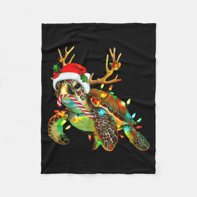 Sea Turtle Christmas Lights Santa Hat Merry Christ Fleece Blanket (Front)