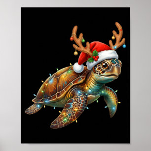Sea Turtle Christmas Lights Santa Hat Merry Christ Poster