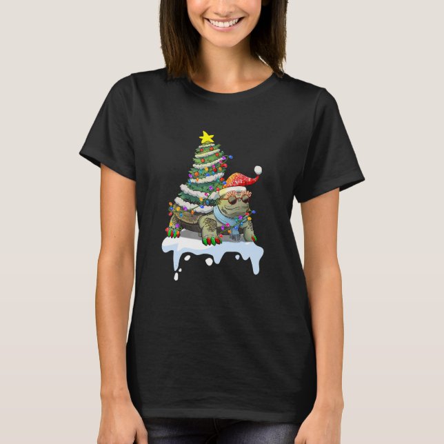 Sea Turtle Christmas Tree Lights   Santa Hat Xmas  T-Shirt (Front)
