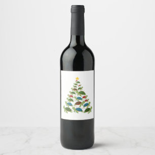 Sea Turtle Christmas Tree Santa Hat Xmas Wine Label