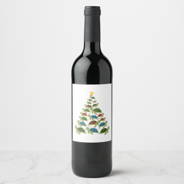 Sea Turtle Christmas Tree Santa Hat Xmas  Wine Label (Front)