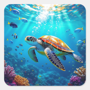 Sea Turtle Colourful Underwater Scene   Square Sticker