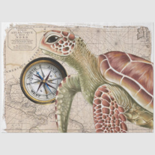 Sea Turtle Compass Vintage Map Nautical Art Tissue Paper