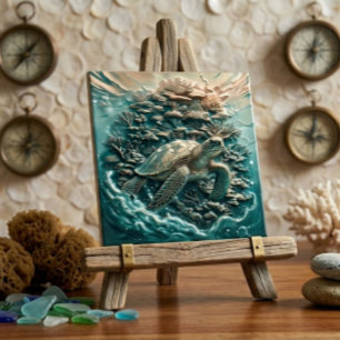 Sea Turtle Coral Reef 3D Faux Metal Ceramic  Tile