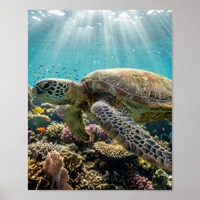 Sea Turtle Coral Reef Ocean Matte Wall Poster (Front)