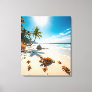 Sea Turtle & Crabs on Tropical Beach – Serene Ocea Canvas Print