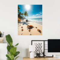 Sea Turtle & Crabs on Tropical Beach – Serene Ocea