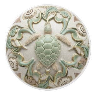 Sea Turtle Faux Relief Ocean Cream Gold & Green Ceramic Knob