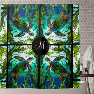 Sea Turtle Faux Stained Glass Round Shower Curtain