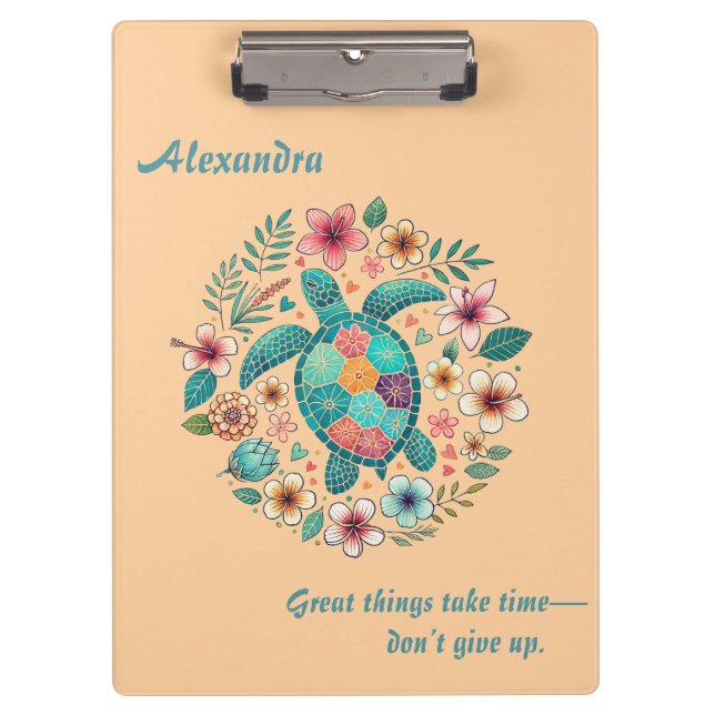 Sea Turtle Floral Boho School Office Name  Clipboard (Front)