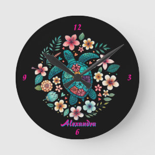 Sea Turtle Floral Boho School Office Name Round Clock