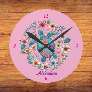 Sea Turtle Floral Boho School Office Name Round Clock