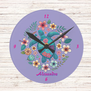 Sea Turtle Floral Boho School Office Name Round Clock