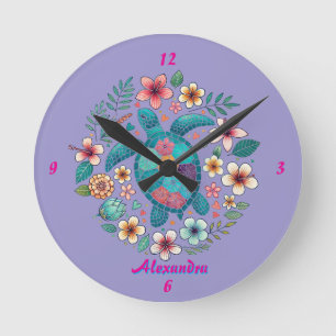 Sea Turtle Floral Boho School Office Name Round Clock
