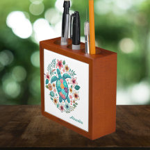 Sea Turtle Floral Boho School Office with Name 