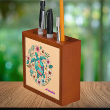Sea Turtle Floral Boho School Office with Name 