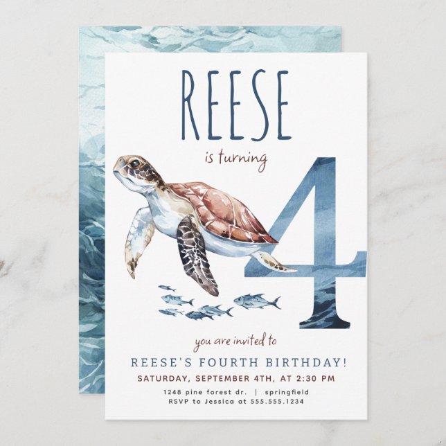 Sea Turtle Fourth Birthday Invitation (Front/Back)