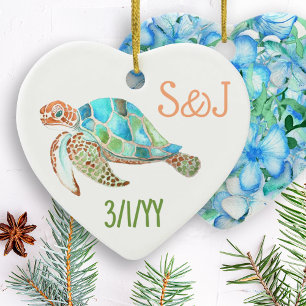 Sea Turtle Heart, Monogram Christmas Ceramic Tree Decoration