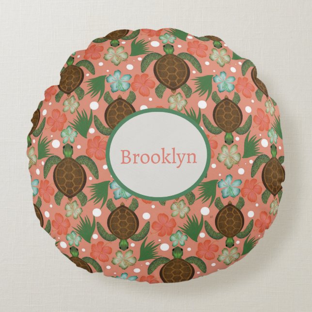 Sea Turtle & Hibiscus Coral Pink Floral Nursery Round Cushion (Front)