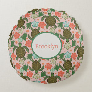 Sea Turtle & Hibiscus Pink Floral Nursery Round Cushion