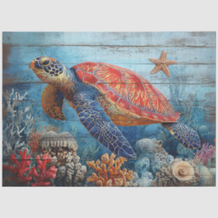 Sea Turtle Illustration on Wood Decoupage Tissue Paper