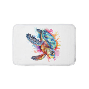 Sea Turtle in Colourful Watercolor Bath Mat