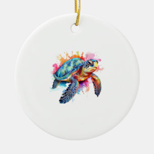 Sea Turtle in Colourful Watercolor Ceramic Tree Decoration