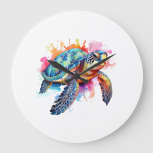 Sea Turtle in Colourful Watercolor Large Clock