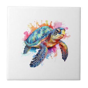 Sea Turtle in Colourful Watercolor Tile